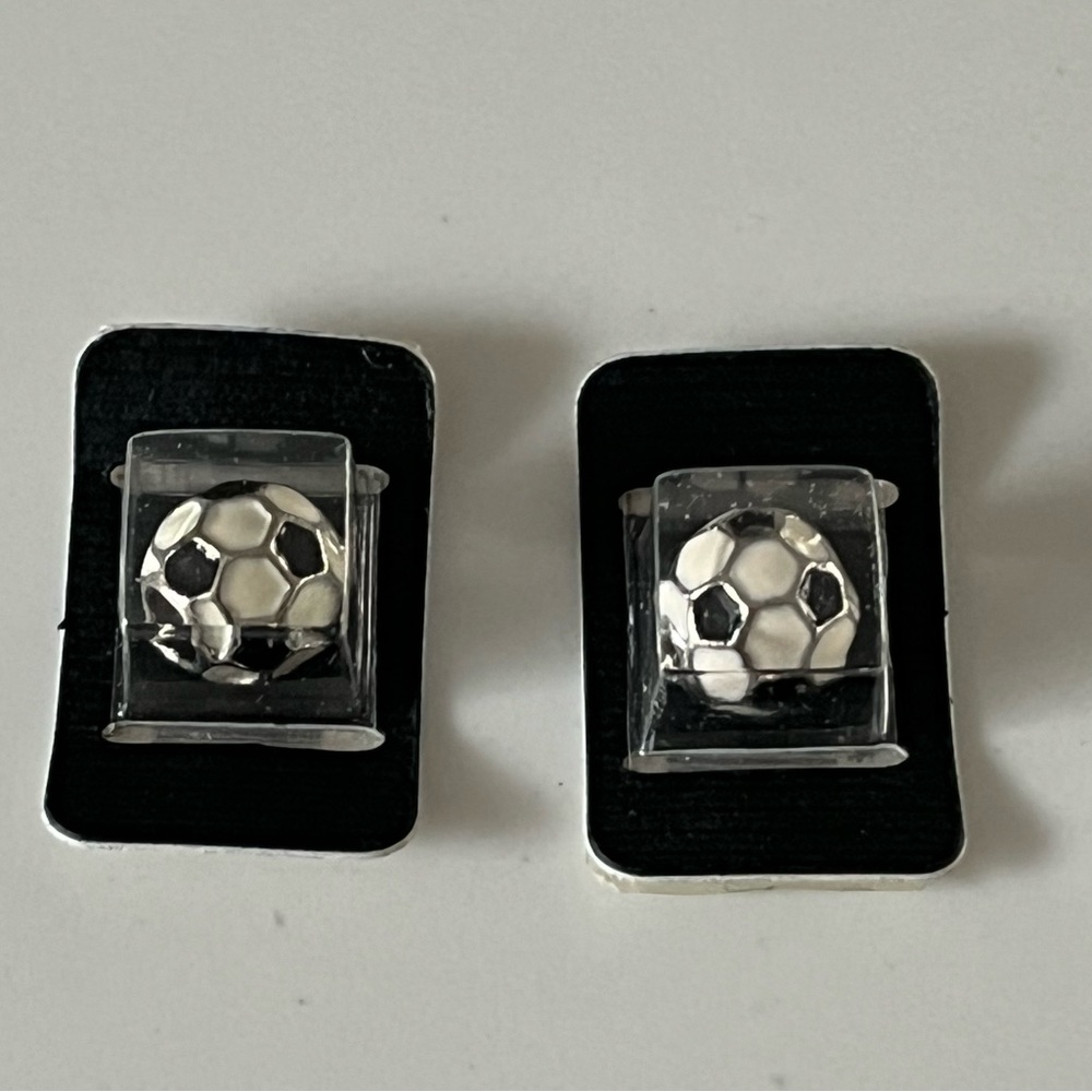 NWOT two soccer ball beads/charms.  Hole in center of enamel soccer ball.